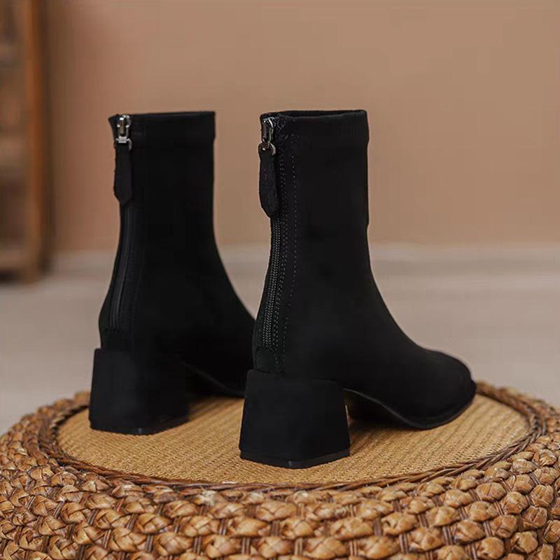 French suede high-heeled short boots women's autumn and winter 2025 new thick heel square head thin boots Martin women's boots socks boots