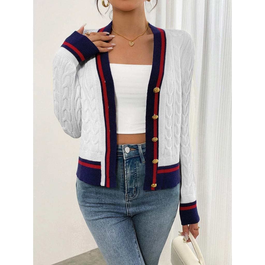 Women's Preppy Style Color Block Linen Blend V-neck Cardigan Sweater Coat For Spring Autumn
