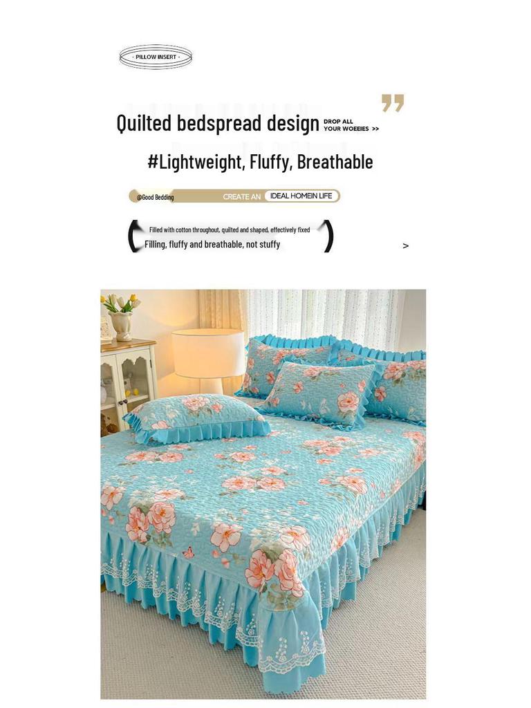 Thickened Quilted Velvet Bedspread Set with Lace Pillowcase and Static-Free Warm Temperature Control