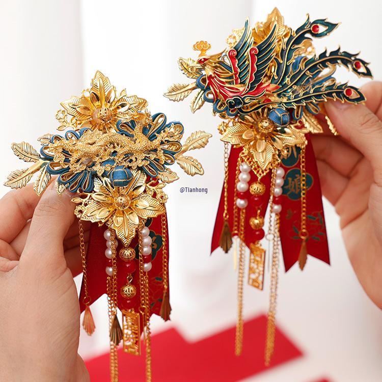 Dragon & Phoenix Wedding Corsage Set: 2 Corsages for Bride, Groom, & Parents