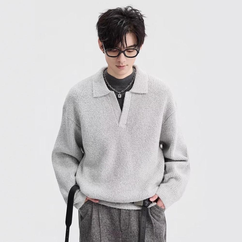 Men s Trendy Black Lapel Sweater - Casual, Warm, Versatile Knitwear for Autumn/Winter XXL