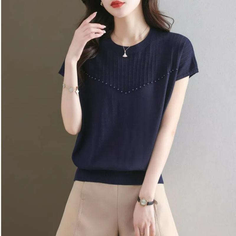 

Корейська Проста Мила Модна Літня Футболка з Коротким Рукавом та Круглим Вирізом для Жінок Однотонна Печворк Рифлена Вільна Універсальна В язана Топ 4XL темно-синього кольору