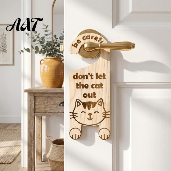 Decorative Door Knob Hanger Cat Warning Handle Sign, Wooden Cartoon Hanging Reminder, Pet Sign Safety Hanger, for Bedroom And Entryway Doors Cafe