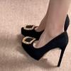 Temperament square buckle black suede small waterproof table pointed head thin heel high heels women's single shoes 2025 autumn new