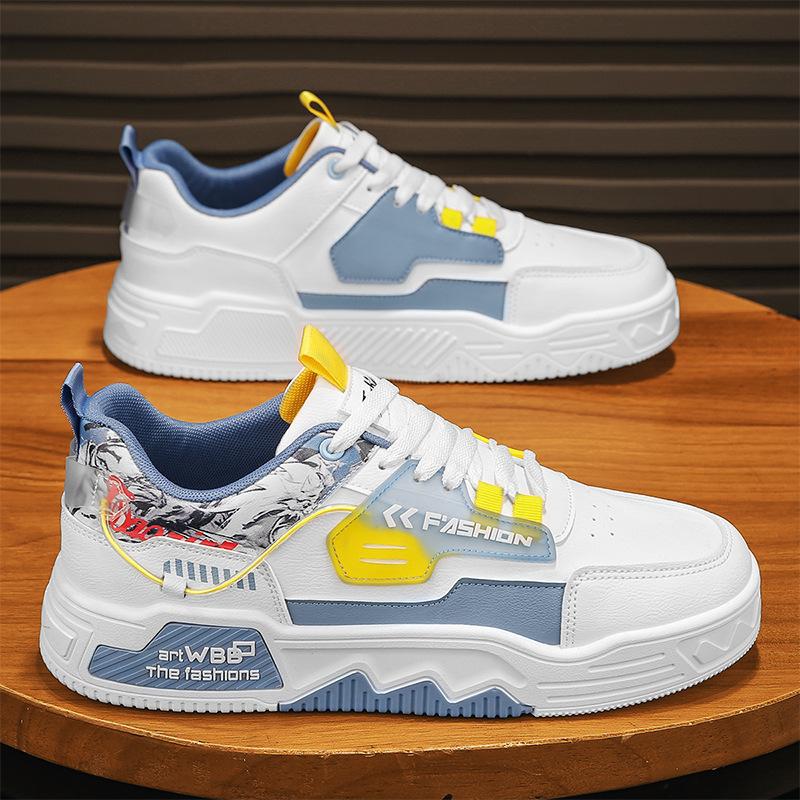 Spring 2024 New Thick-Soled Heightening Leather Surface White Shoes Fashionable Color Matching Breathable And Comfortable Youth Sports Men'S Shoes