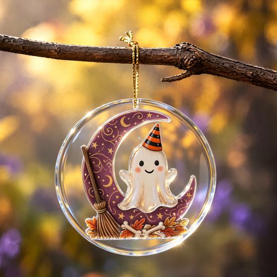 Decorative Wall Hangings Halloween Ghost Hanging Ornament, Double Side 2D Acrylic Black Cat Bat Skull Indoor Outdoor Decorations Pendant for