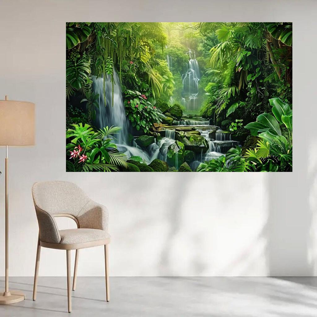 1pc Yongqing Forest Waterfall Background - Polyester Party, Spring and Summer Jungle Landscape Photography Background