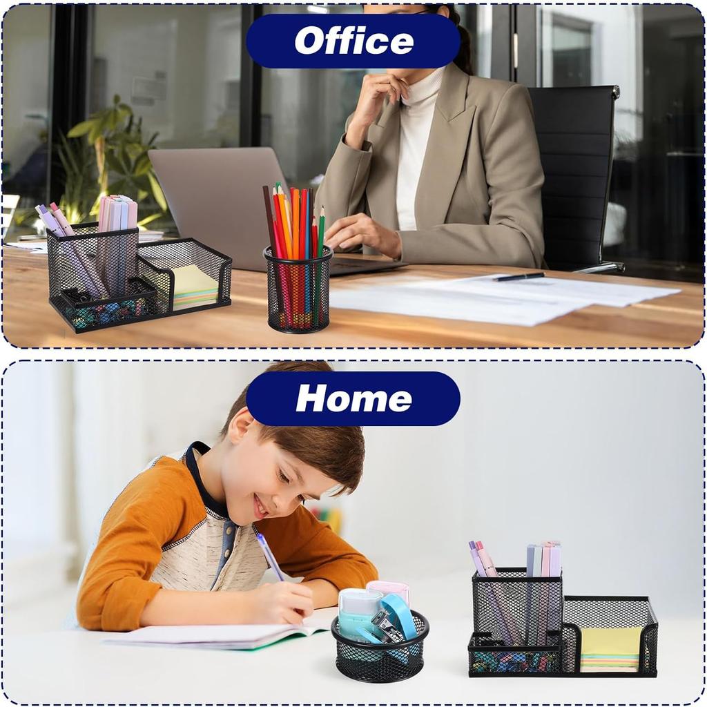 Mesh Pen Holder for Desk Pencil Holders 6 Pieces Desk Organizer Office Supplies Caddy with Sticky Notes Holder for Office School Home Black