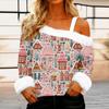 Women's Off-the-shoulder Plush Neck Printed Long-sleeved Pullover T-shirt Top