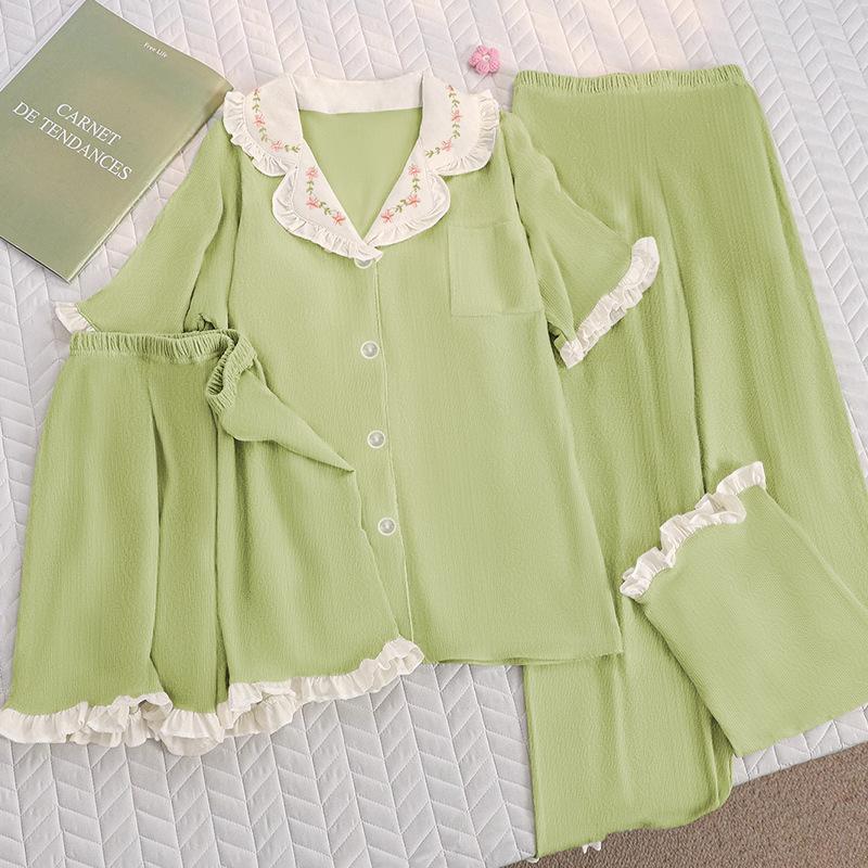 Small fresh solid color lace pajamas women's summer imitation cotton jacquard short-sleeved casual loungewear three-piece set