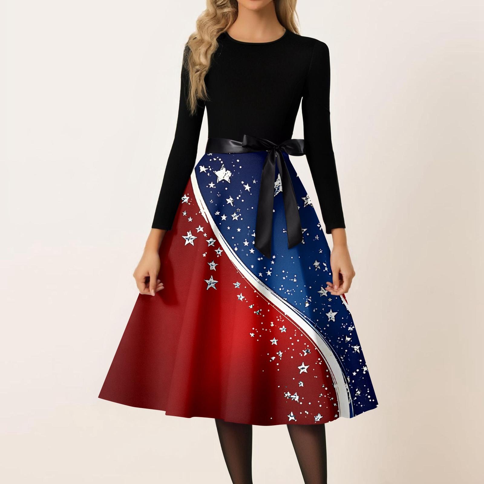 

Женское повседневное модное ретро-платье с круглым вырезом и принтом ко Дню независимости S