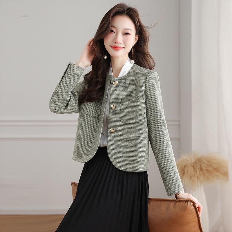 Women's French Style Round Neck Wool Tweed Jacket