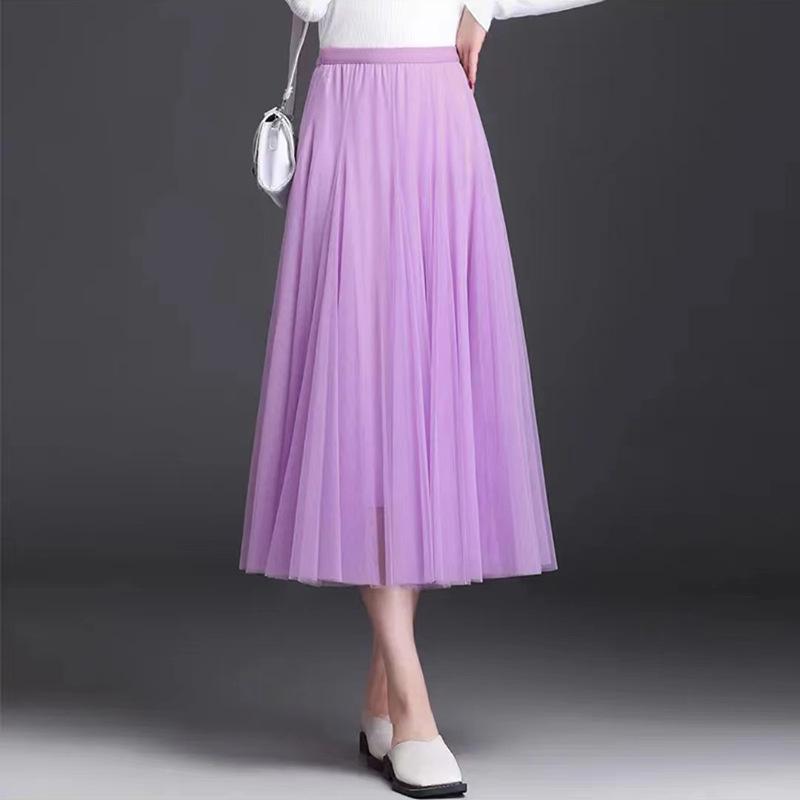 Spring Autumn Summer Holiday Beach Women Long Midi Skirt Ladies Elastic High Waist Tulle Mesh Pleated Tutu Skirt