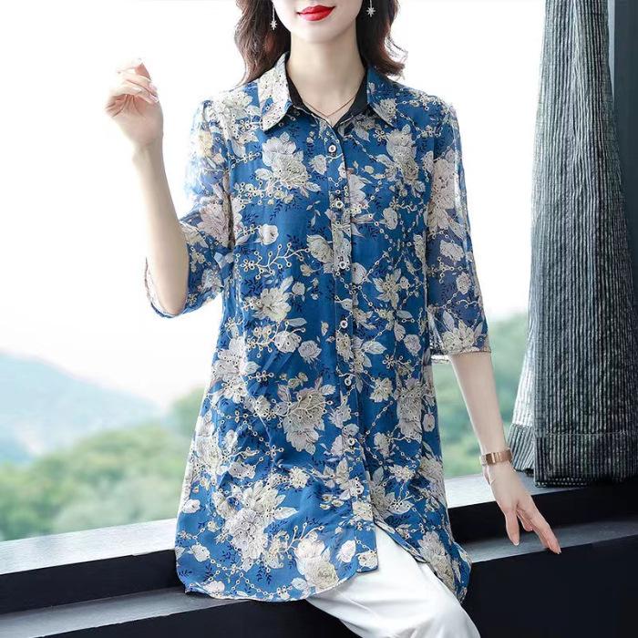 Women's Summer Mid-Length Chiffon Shirt Thin Breathable Causal Tops