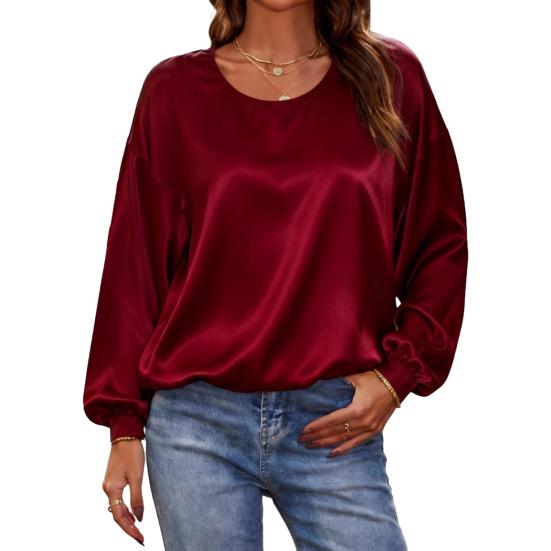 

Жіночі Топи Однотонні З Круглим Вирізом Довгий Рукав Блузка Однотонна Вільний Крій Повсякденна Блузка Для Роботи Вечірки Побачення 2XL вина червоного кольору