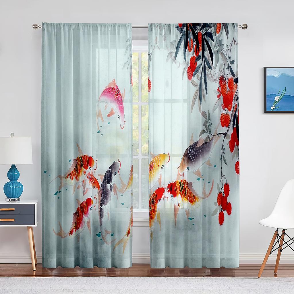 Goldfish Koi Fish Ink Painting Leaves Tulle Curtains for Living Room Bedroom Decor Chiffon Sheer Voile Kitchen Window Curtain