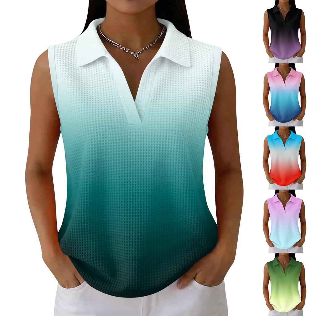 Women's Fashion Casual Print Knit Collared Sleeveless Tank Top