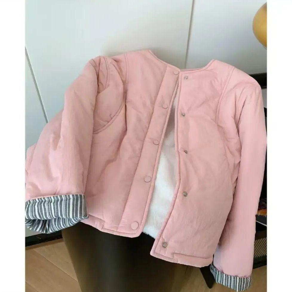 

Женская универсальная куртка свободного кроя с хлопковой подкладкой - Короткий стиль, Тренч плюс бархат для осени-зимы M (40-53 kg) розовый