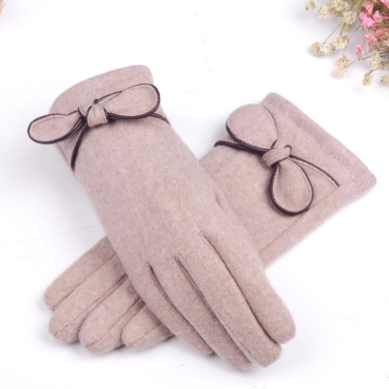Wool Gloves Plush Warm In Autumn and Winter Wool Bow Points To Women's Touch Screen Gloves Warm In Winter