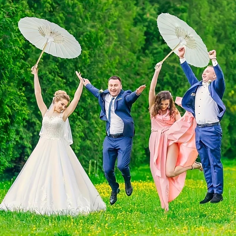 6pcs Elegant White Paper Umbrellas with Wooden Handles Wedding Decor Photo Props DIY Crafts Party Events Supplies Painting Decor