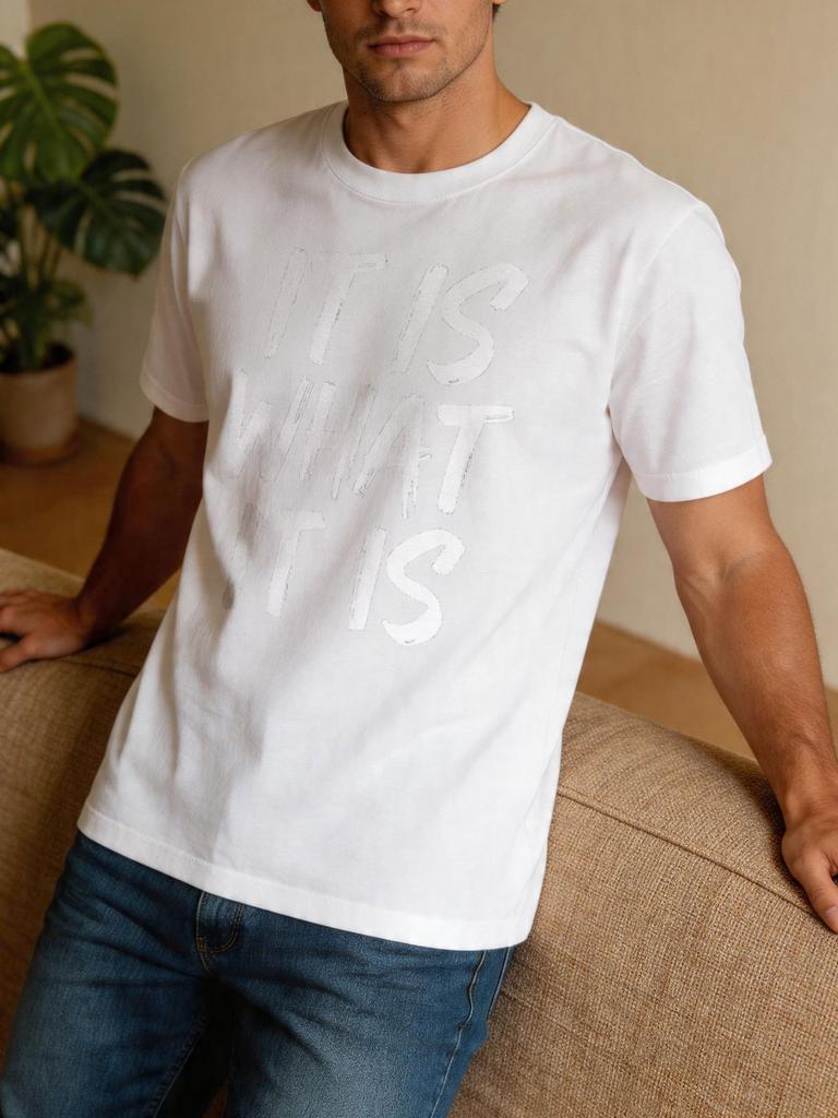 Schwarzes Unisex-T-Shirt 'It Is What It Is' Slogan-Print Rundhalsausschnitt Baumwolle Kurze Ärmel Mode Männlich Straße Sommer Weich Täglich Freizeitkleidung