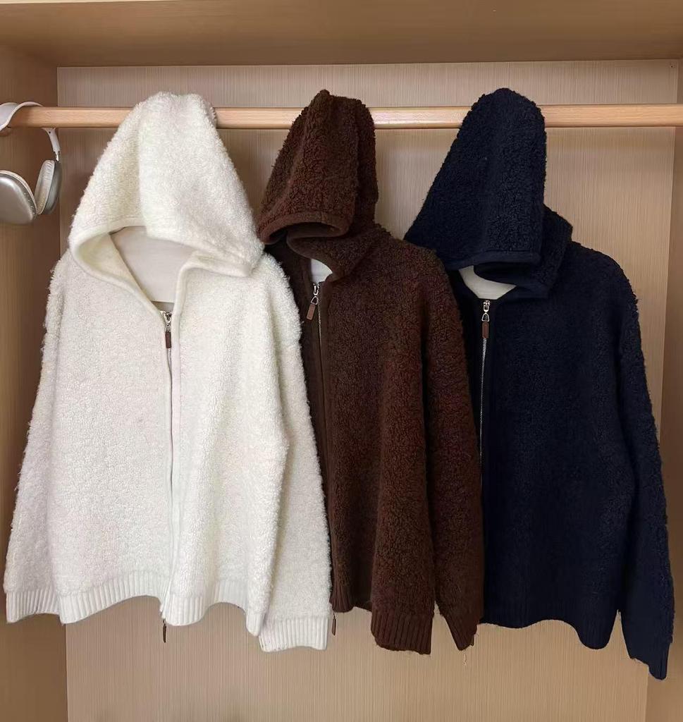 Korean Style Thick Faux Raccoon Lambswool Zipper Hooded Jacket - Women's Versatile Autumn/Winter Sweater Cardigan