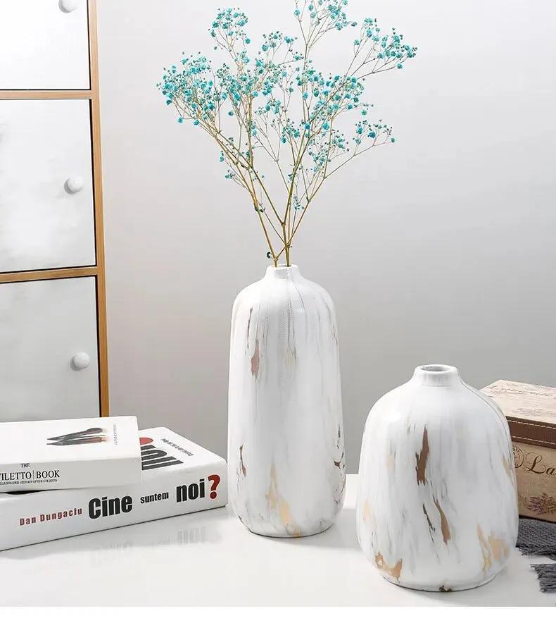 Modern White Ceramic Vase Marble Pattern Flowerpot Desktop Office Decoration Flower Arrangement Vases Home Furnishing