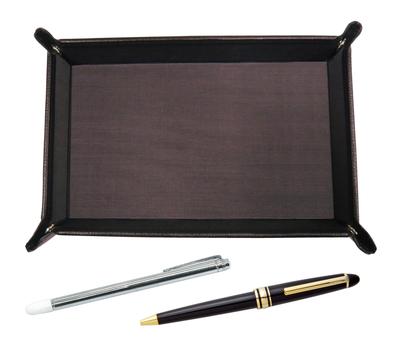 Embossed Chocolate Colored Cowhide Leather Pen Tray with Metal Pointer and Metal Ring Cap Sliding Retro Pen Set Japanese-made TRATYO-701S-8838B