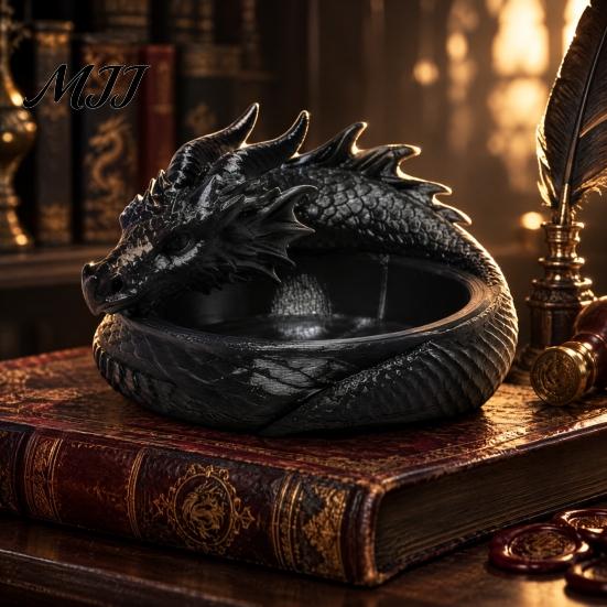 Decorative Dragon Sculpture 3D Printed Coiled Jewelry Tray, Dark Fantasy Trinket Organizer Dish, Unique Storage Gothic Desk for Entryway, Nightstand,