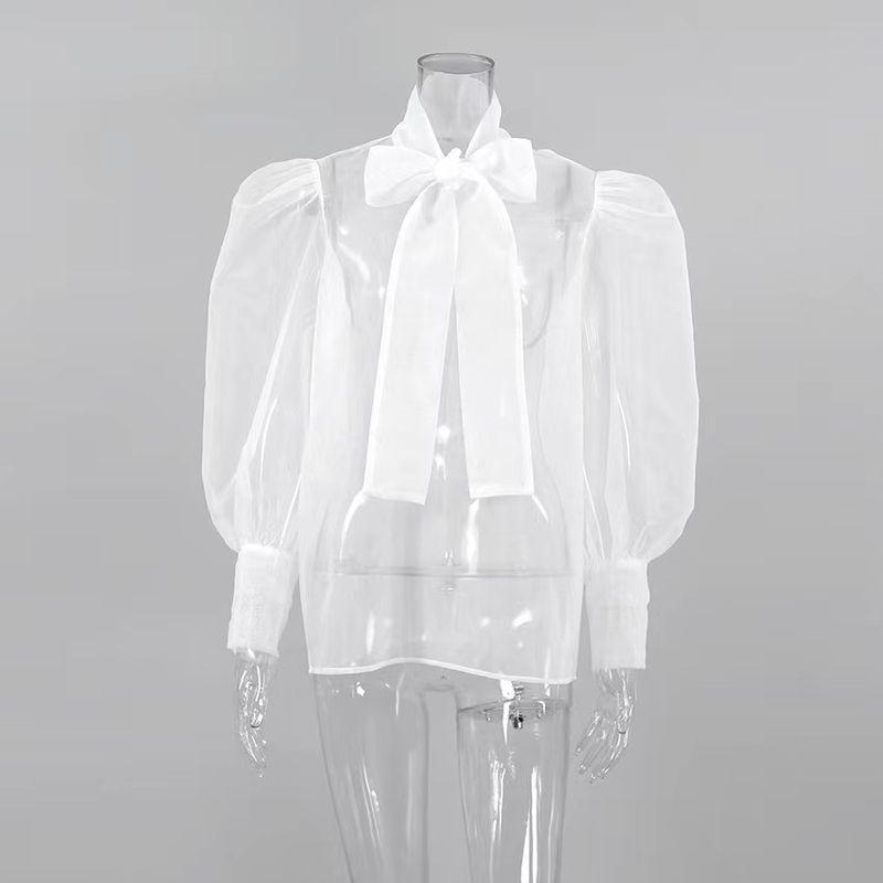 

Fashion Wind Sexy See-through Mesh Tops Puff Sleeve Shirt Sexy Gauze Perspective Shirt White M