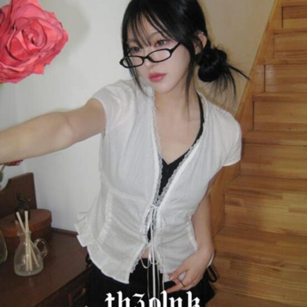 The Pink Women Slim Fit Lace Ribbon Strap Frill Short Sleeve Blouse