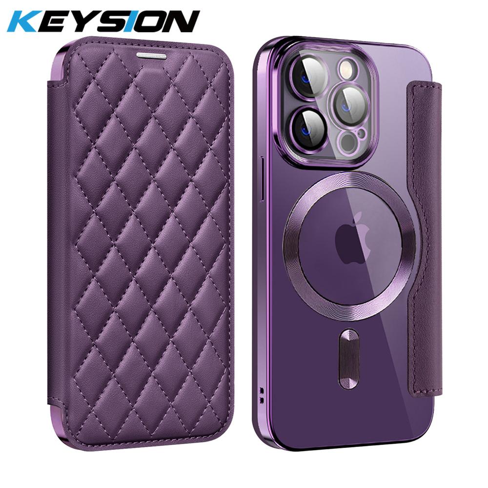 KEYSION Custodia Portafoglio a Libro in Pelle Placcata per iPhone 11 12 13 Pro Max Slot per Carte Ricarica Wireless Magnetica Cover Posteriore del Telefono