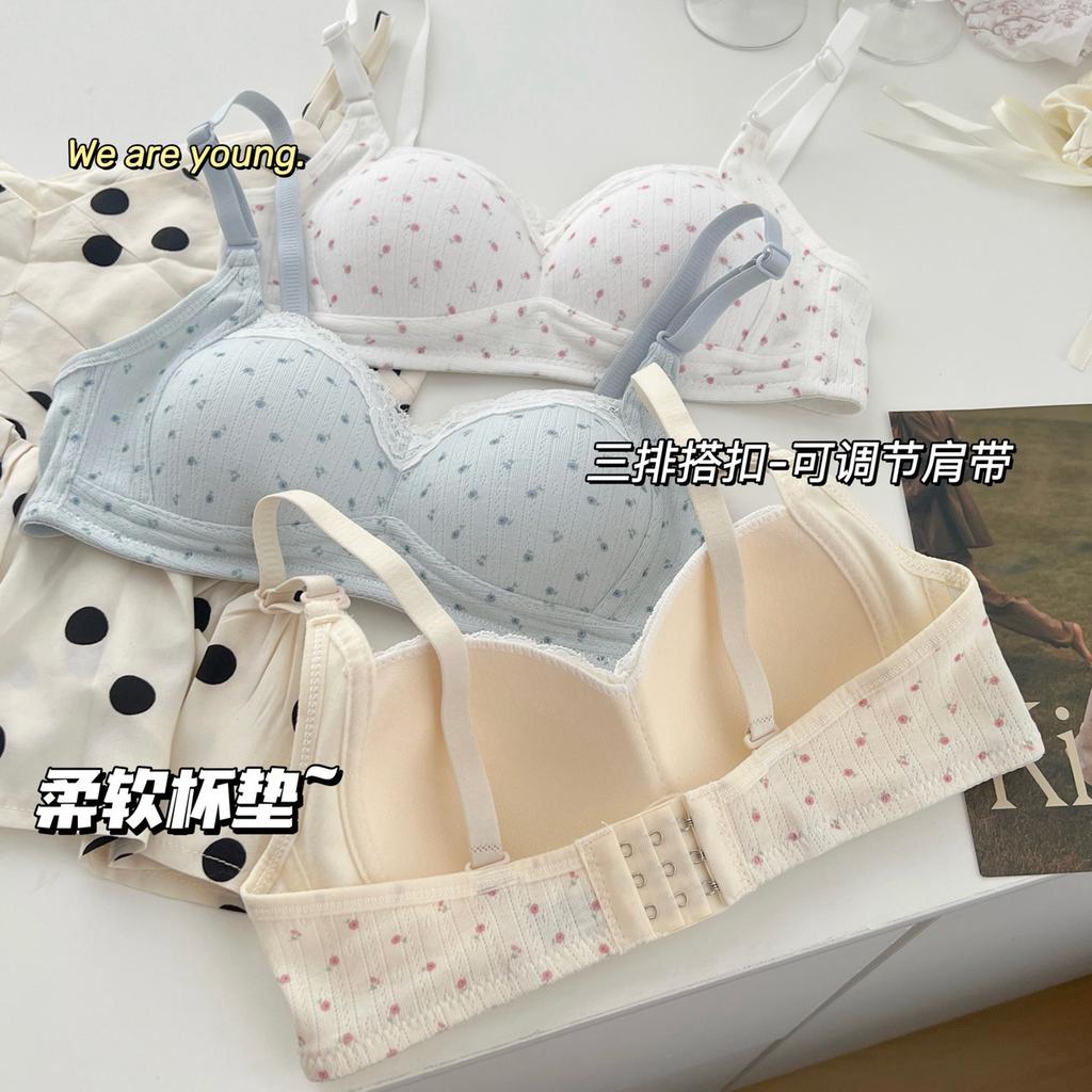 Girls floral underwear, women's small breasts gather without steel rings, close secondary breasts, anti-sagging student bra cover, cream blue
