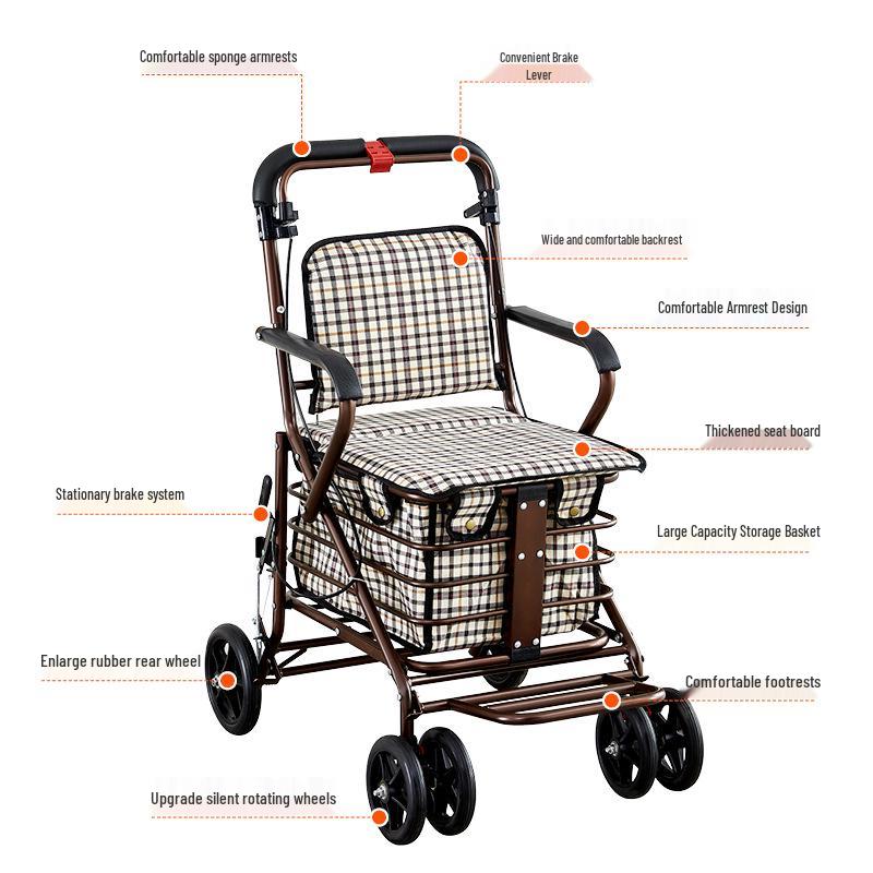 Foldable Mobility Scooter: Pushable & Rideable Elderly Walker with Four Wheels, Portable Shopping Assistant