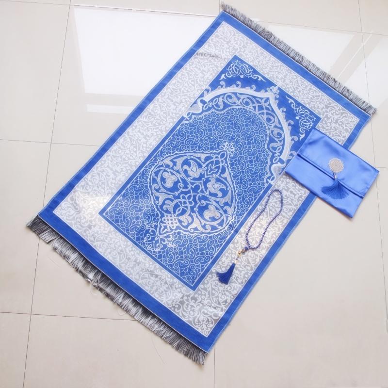 Turkish Style Gloss Silk-Like Printed Non-Slip Prayer Rug with Matching Carry Bag Popular Ramadan Religious Present Mat