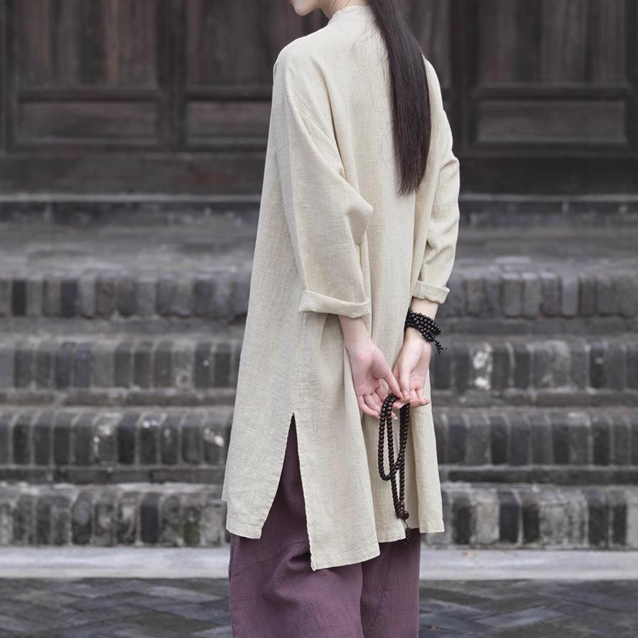 2025 Retro čínský styl středně dlouhý bavlněno-lněný top s žabkovým zapínáním a vázací šňůrkou pro ženy