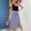 European and American summer vacation elegant wind splicing skirt lace-up contrasting color shoulder striped dress
