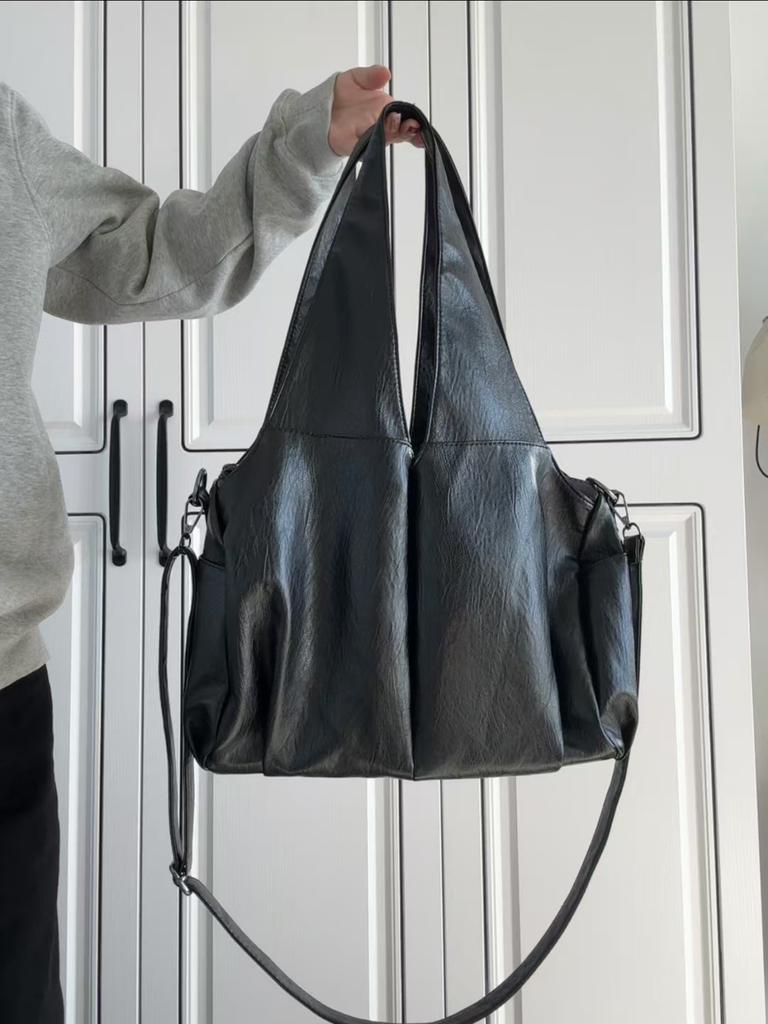 Cross-border Large-capacity Bag 2025 New Shoulder Bag Soft-sided Casual Retro Black Tote Bag Messenger Bag Bag Women