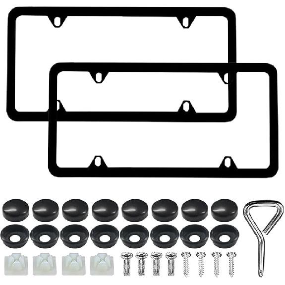 2PCS Matte Black License Plate Frames, Stainless Steel Tag Frame, Car License Plate Protector Holder with Screws Fasteners Caps, Universal Front &