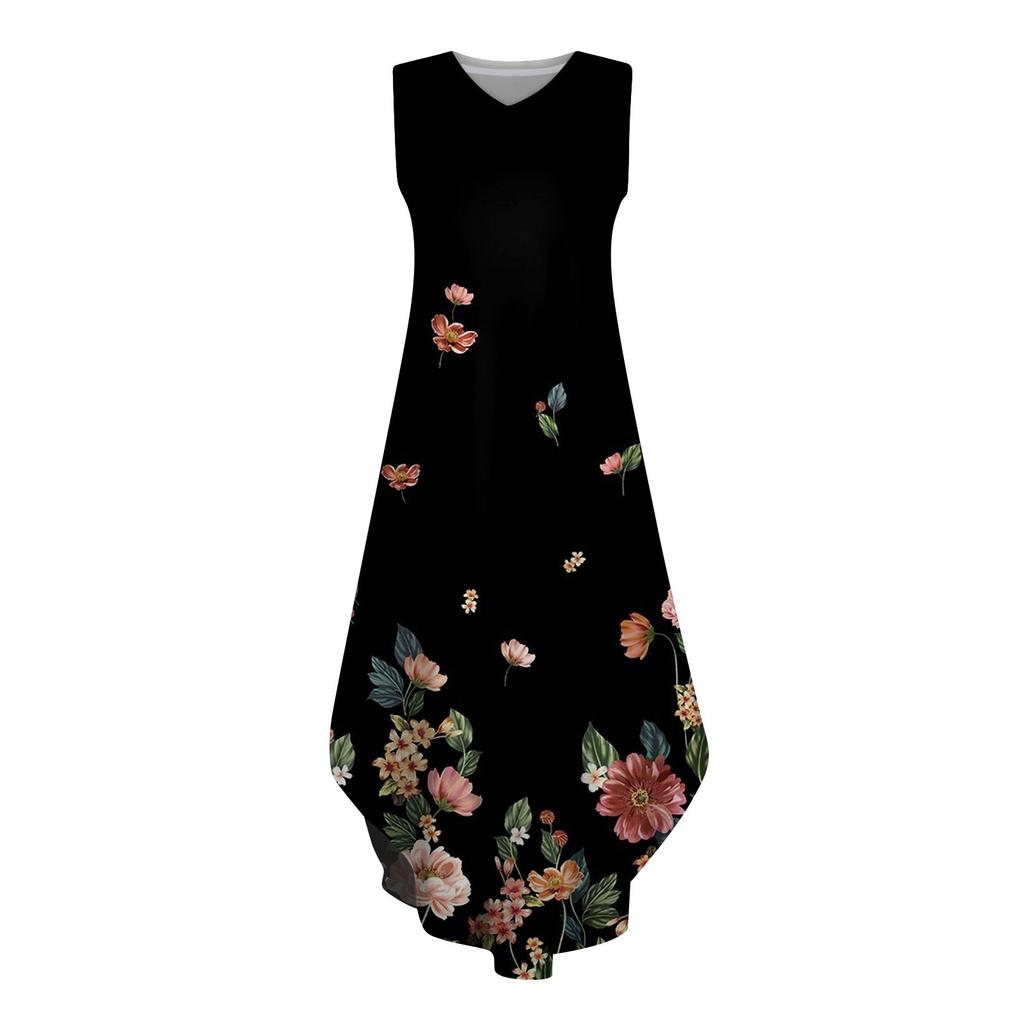 Women's 2024 Summer Casual Loose Sundress Long Dress Floral Print Sleeveless V Neck Split Tshirt Maxi Dresses