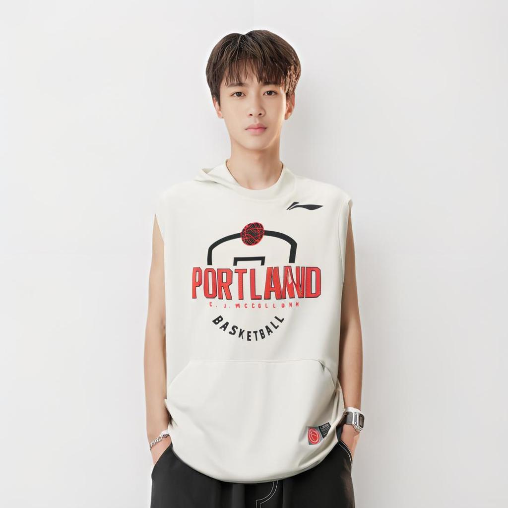 Li Ning Sports Basketball Series Letter Print Sleeveless Hoodie Men Hoodies Off-White AWDR351-2