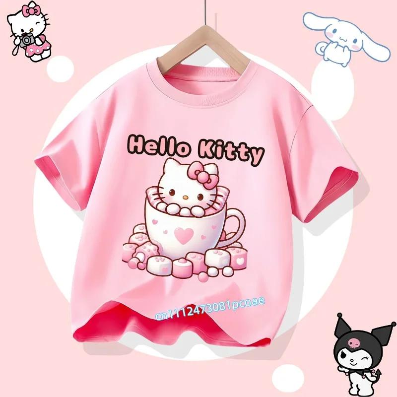 2026 Hello Kitty Summer Tshirt  Cotton ShortSleeved Girls Sportswear with Cartoon Print for Children Aged 112 Years Old