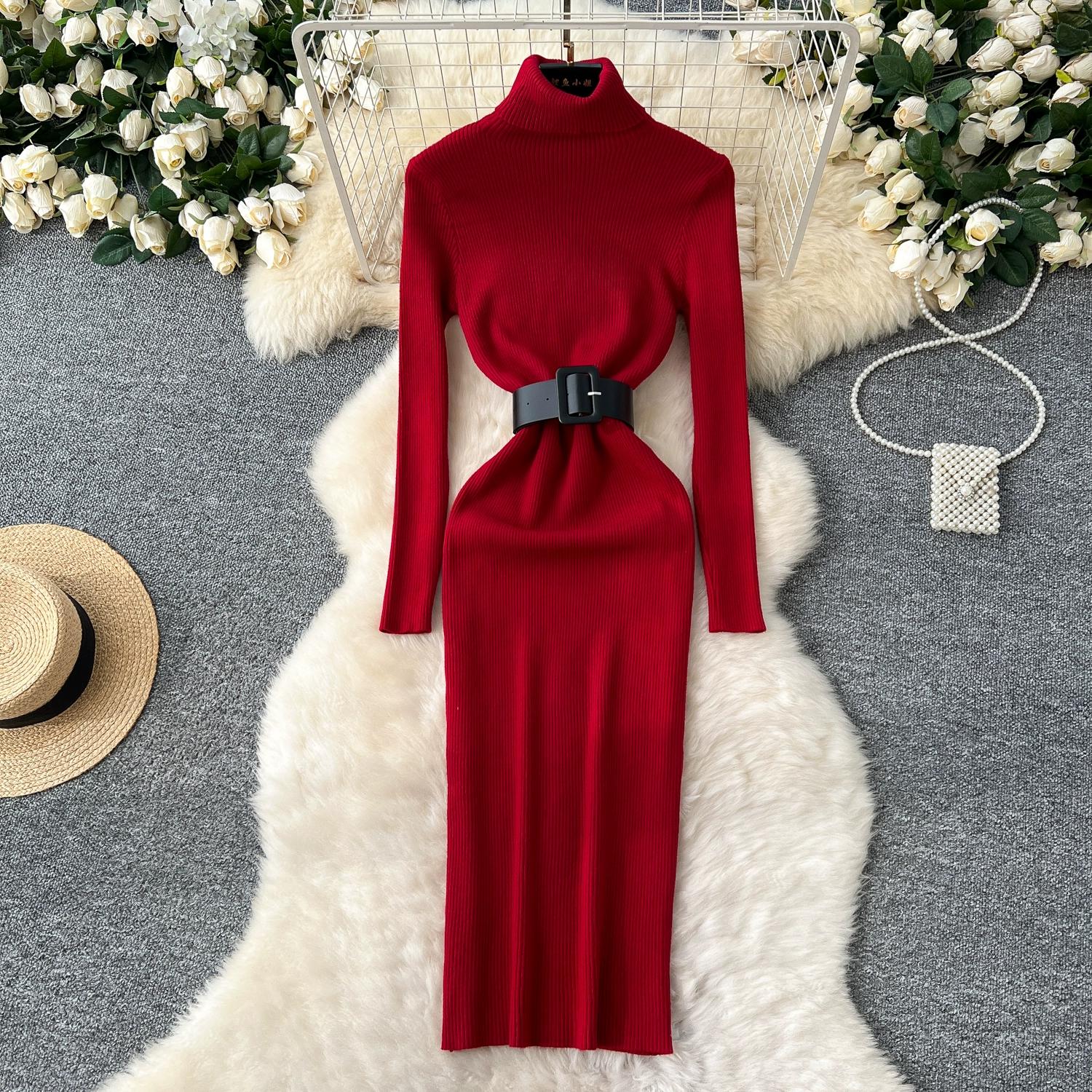 

Осень Зима Женский Элегантный Вязаный Свитер с Воротником Гольф Длинный Миди Облегающее Платье-Футляр для Офисной Работы с Поясом average size бордовый