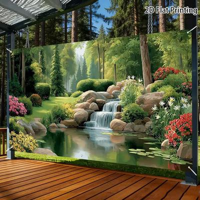 2D Forest Waterfall Scenery Backdrop with Green Trees & Flowers