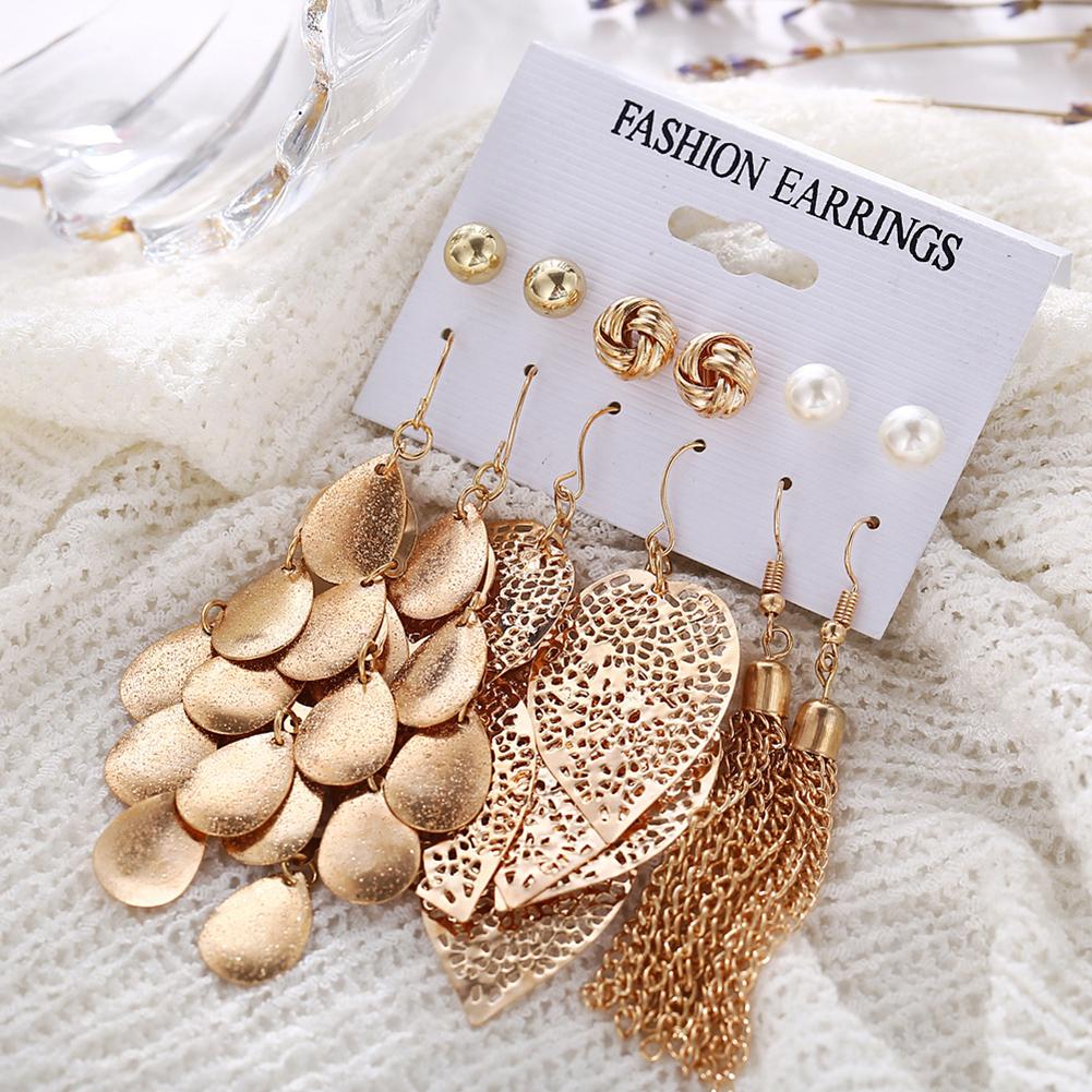6 Pairs Bohemia Style Golden Jewelry Set Vintage Leaves Long Tassel Stud Earrings Set for Women