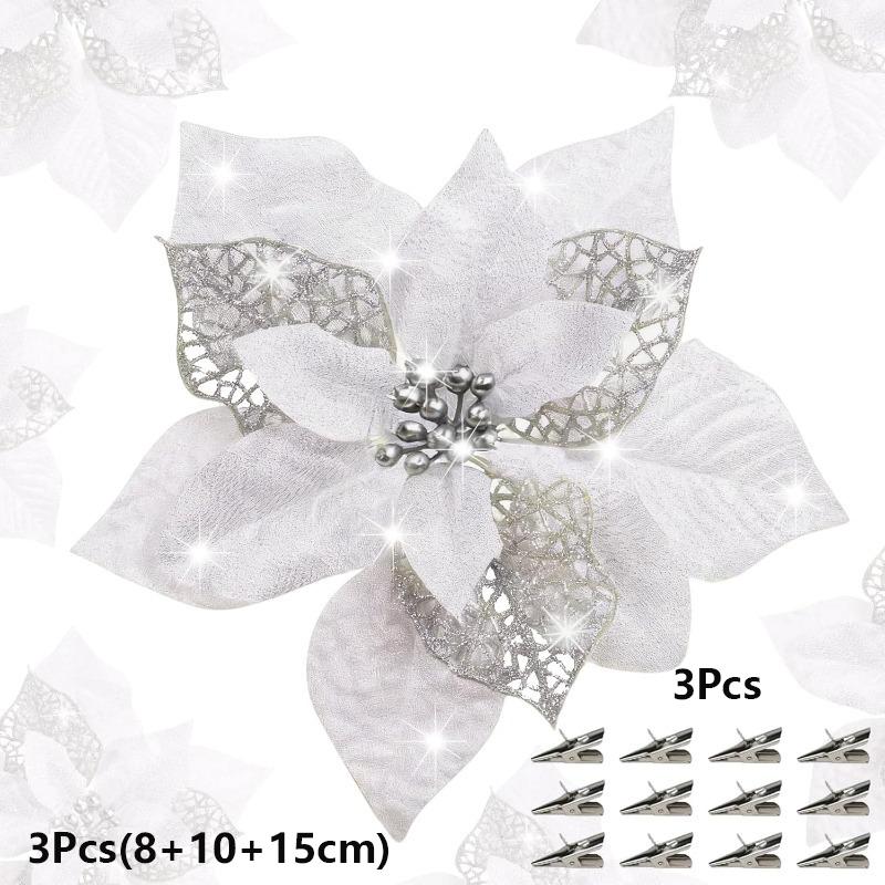 6Pcs 8/10/15cm Christmas Flower Decoration Sparkle Xmas Tree Hanging Ornament for Navidad Artificial Wreath Craft New Year Gifts
