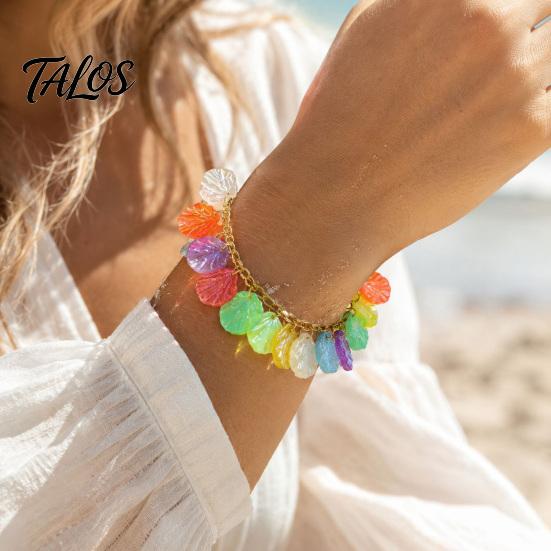 Beach Shell Bracelet Boho Ocean Charm for Women, Colorful Scrolled Layered Style Anklet Adjustable Bracelet, Summer Holiday Vacation Jewelry Gift Her