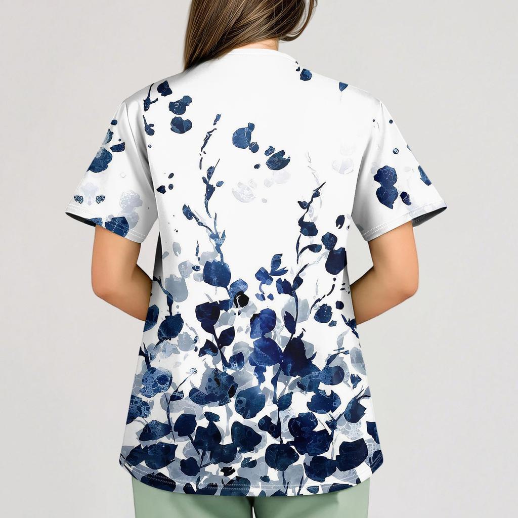 Mărimi MariUniforme Medicale Imprimate Topuri de Lucru pentru Femei Decolteu în V Încrucișat Imprimeu Mânecă Scurtă Tricouri Amuzante Îmbrăcăminte de Lucru Tricou cu Buzunare