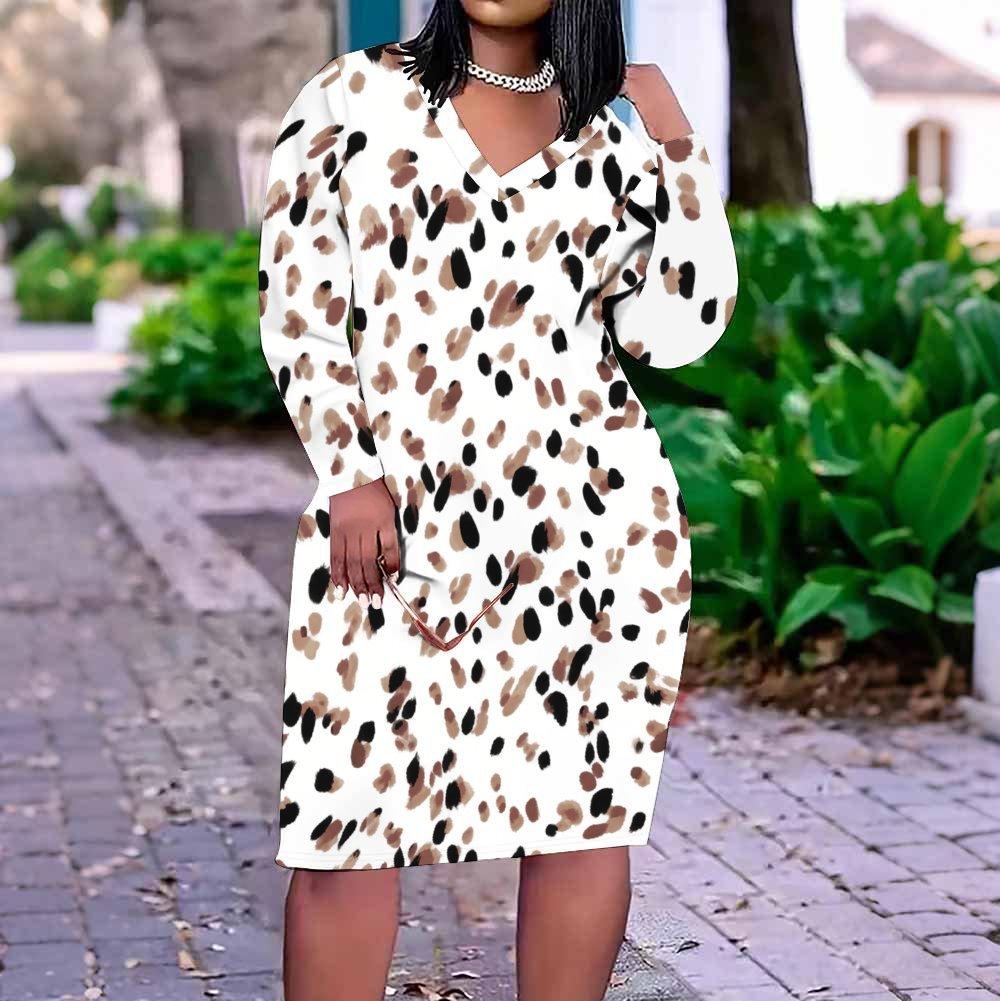 Women Plus Size V Neck Long Sleeve Printed Striped Dress With Pockets