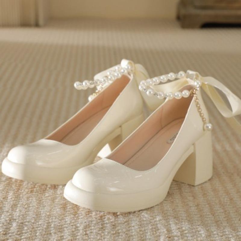 Thick heel single shoes women's new wedding shoes pearl bridesmaid shoes white shoes high heels Mary Jane women's shoes